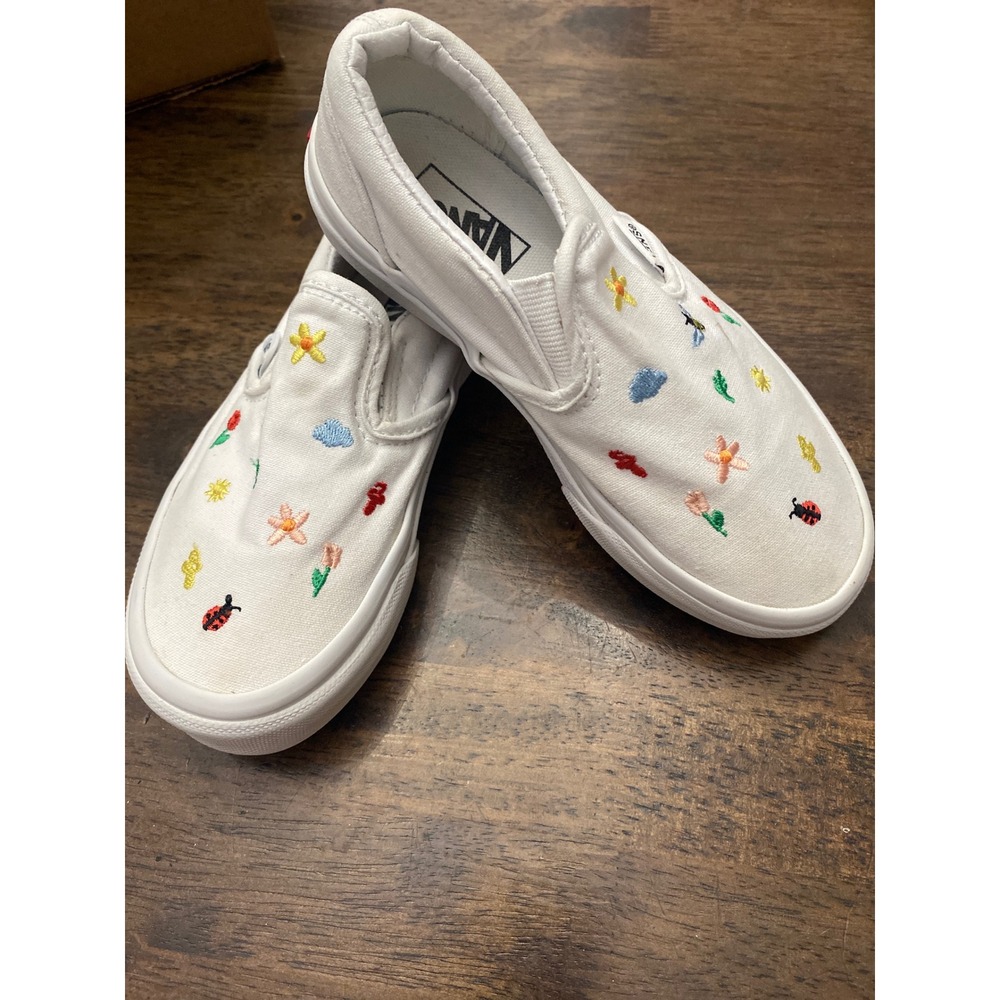 Vans girls Classic SlipOn White Canvas Embroidered Nature Ladybug Bee Shoes 12.5 - Picture 1 of 6